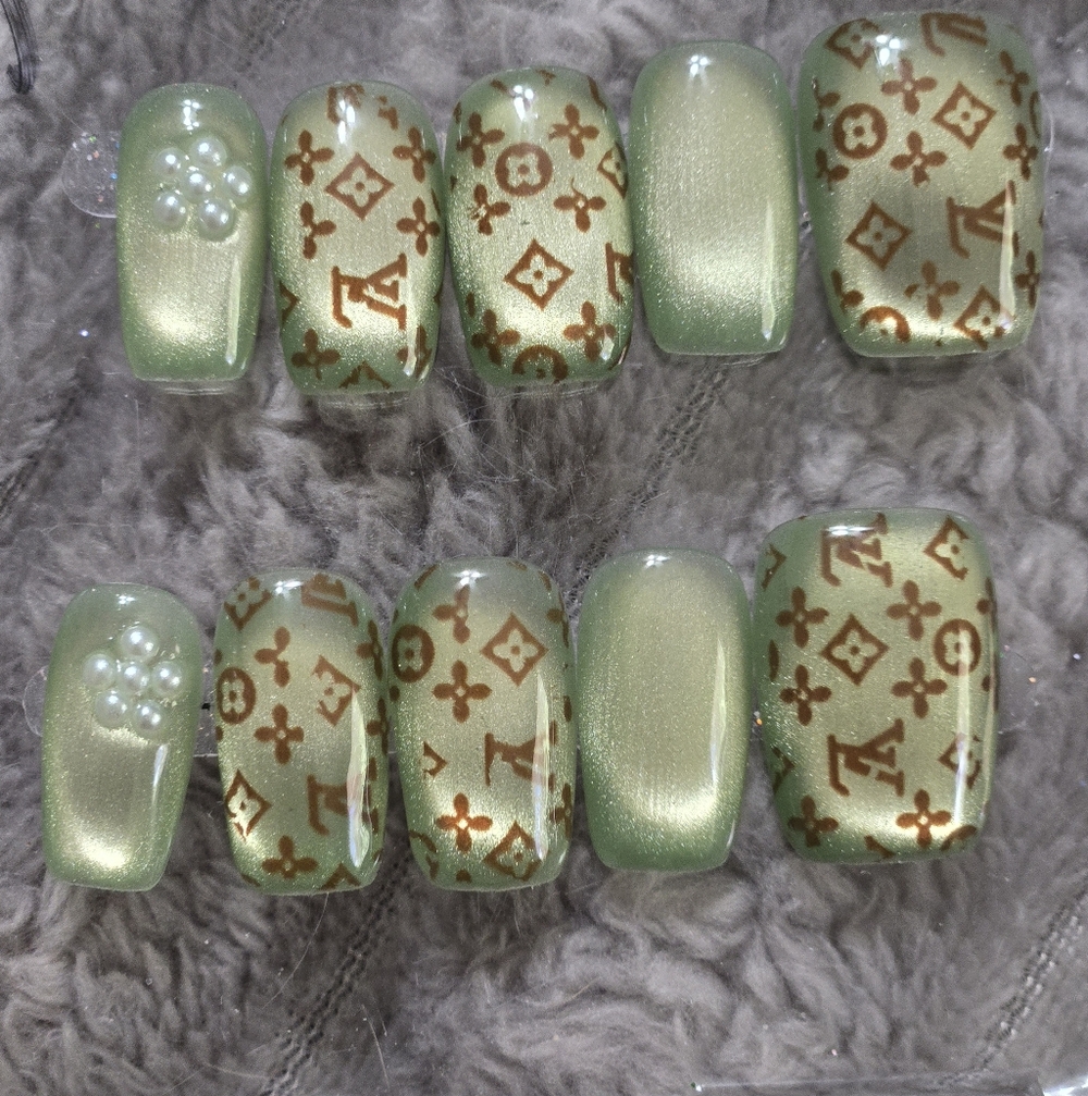 Luxury-Inspired Green Press-On Nails with Gold Monogram Accents